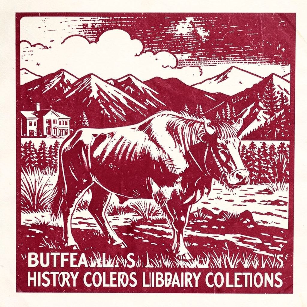 A buffalo figure inspired by library collections, rendered in warm brown and cream tones with a textured, handcrafted feel.