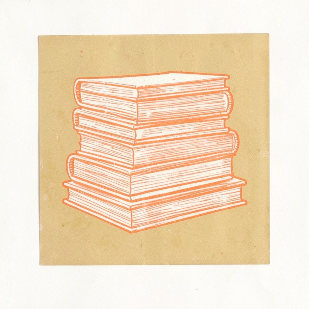 A carved linocut relief print of stacked, thread-bound books in warm peach and cream tones, with soft hand-cut lines, set against a dark moody background